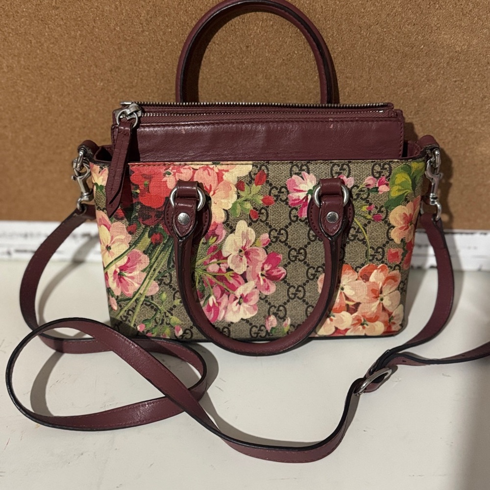 Gucci Floral Canvas and Burgundy Leather Satchel 2 way pink in bloom small